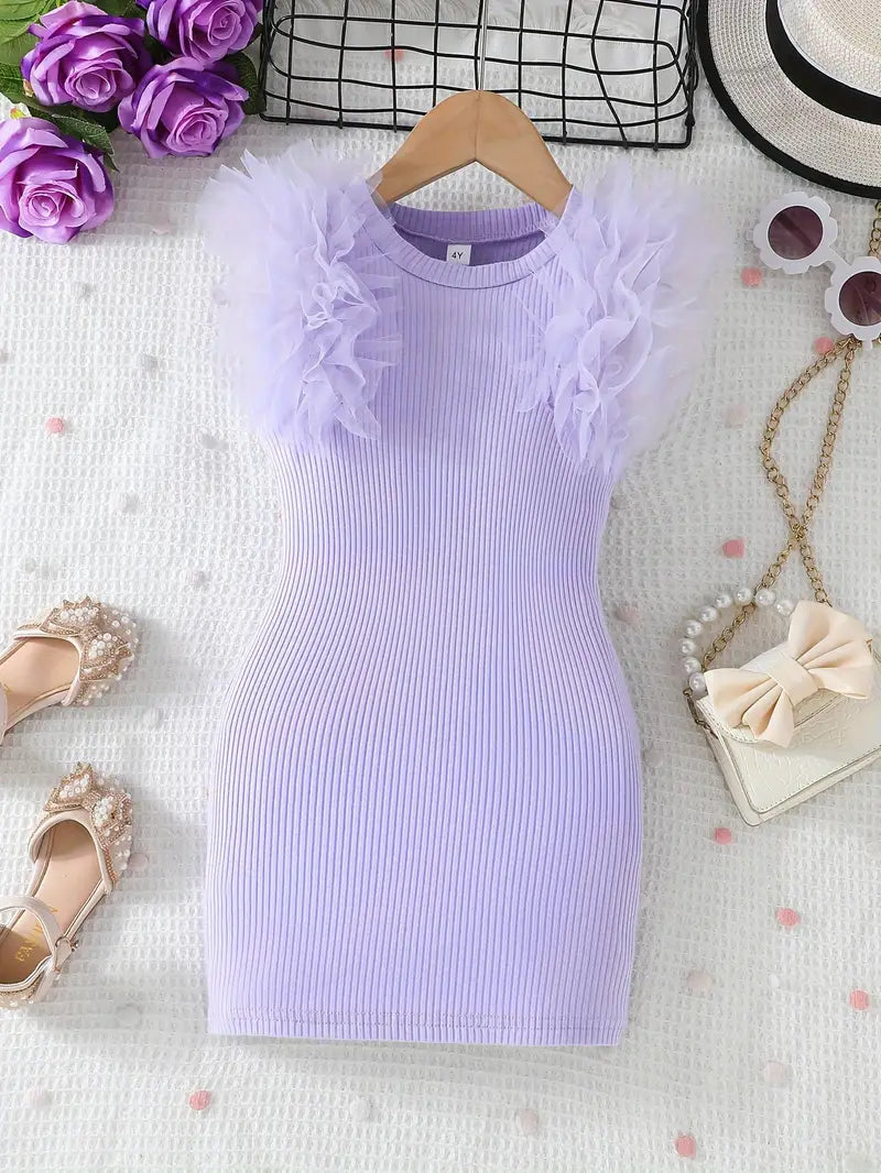 Tulle Sleeve Slim Bodycon Dress Lilac