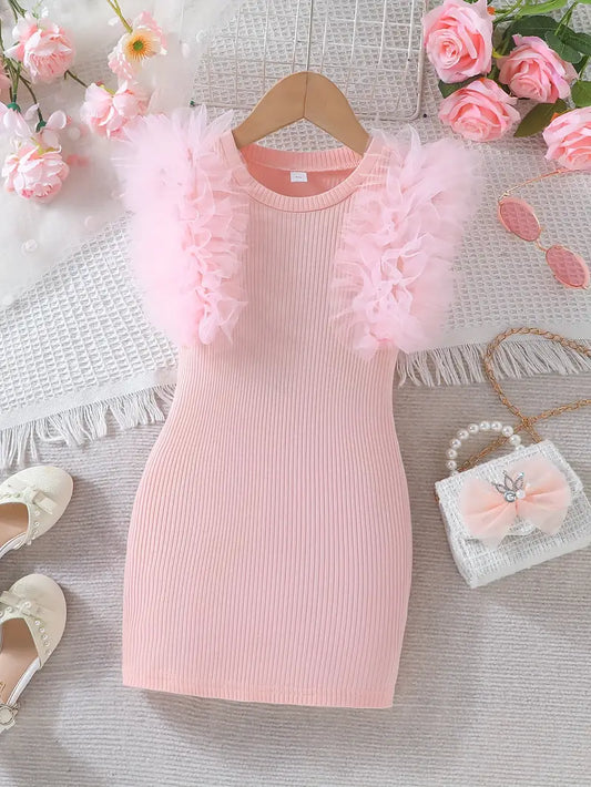 Tulle Sleeve Slim Bodycon Dress Pink