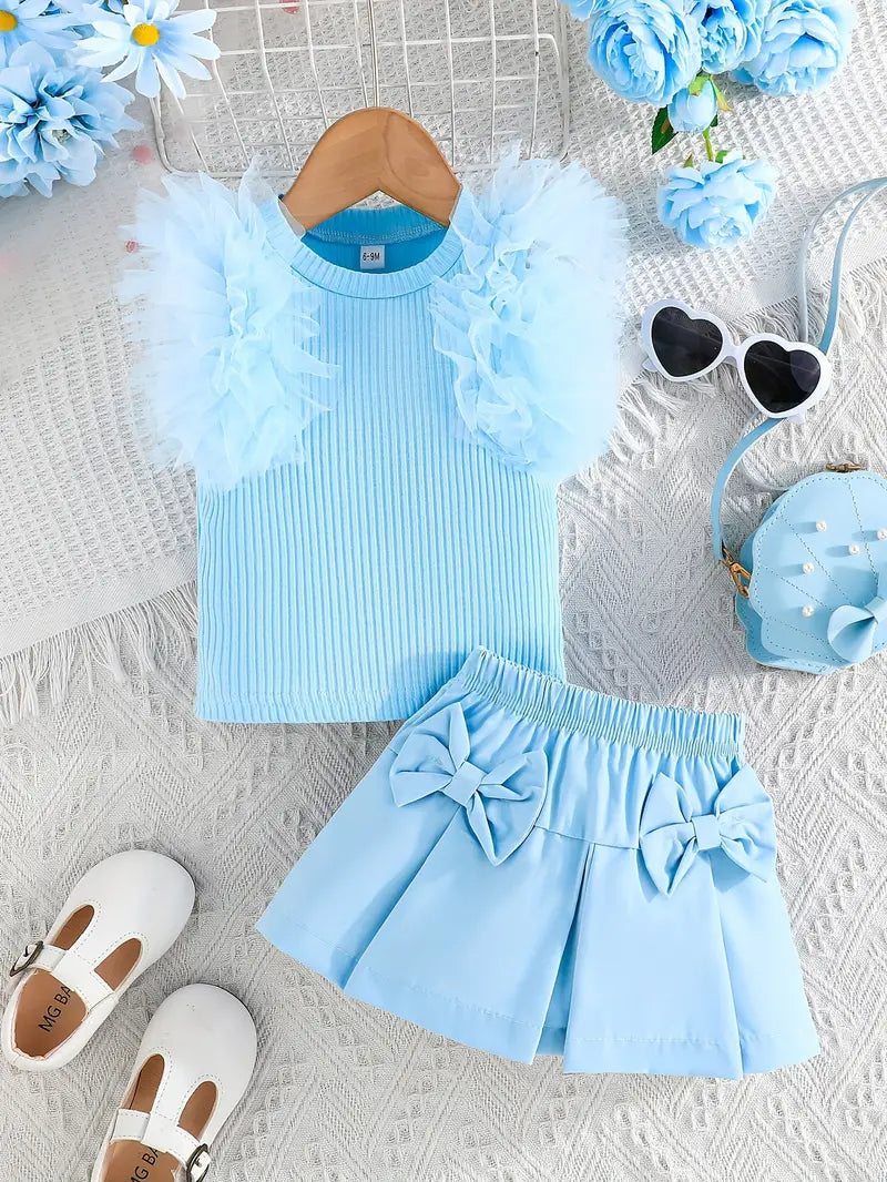 Sleeveless Top & Bowknot Set Sky Blue