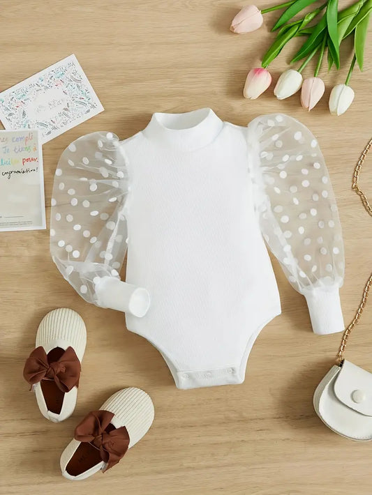 Polka Dots Pattern Mesh Sleeve Bodysuit White