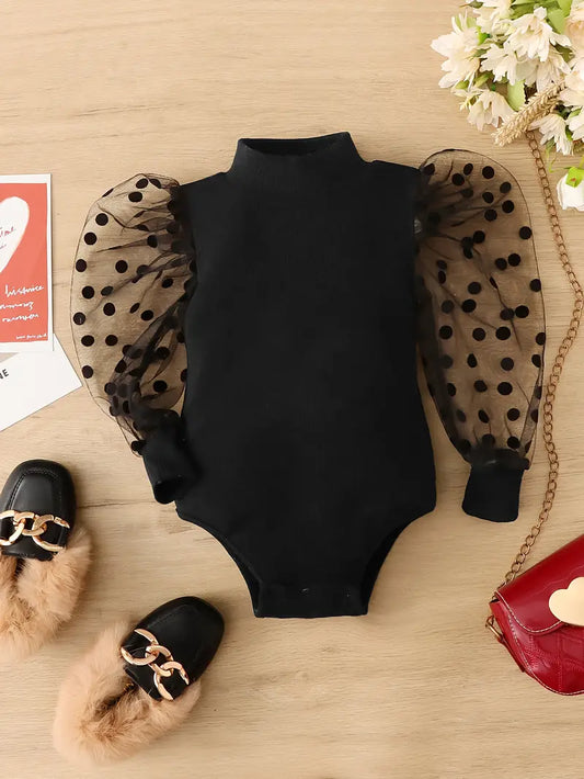 Polka Dots Pattern Mesh Sleeve Bodysuit Black