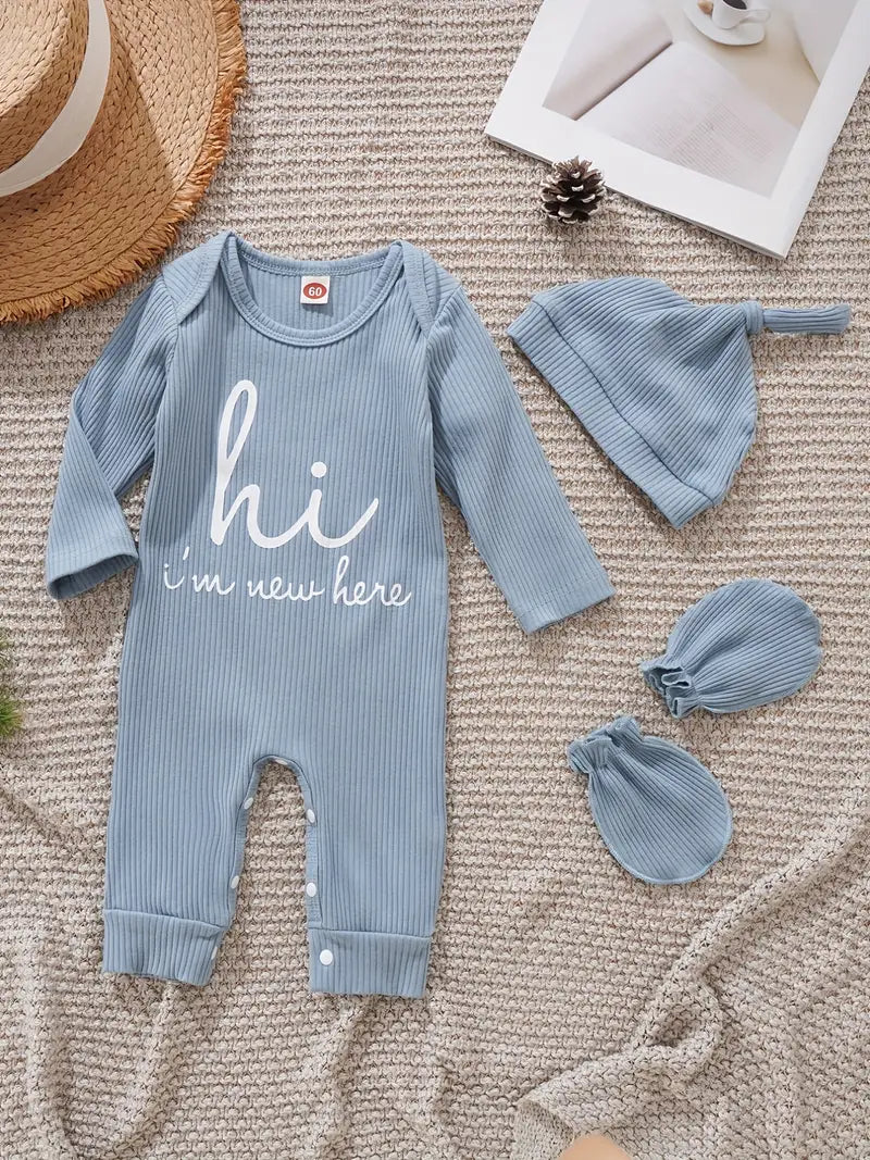 Unisex Long Sleeve Romper Set  “Hi I'm New Here” Sky Blue