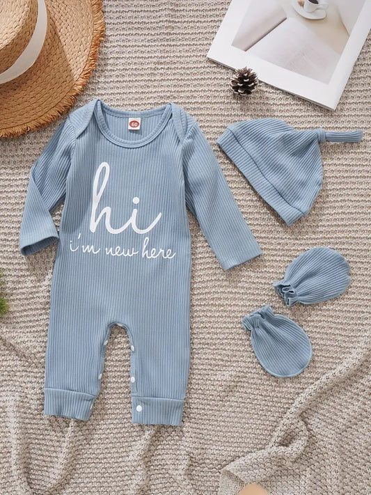 Unisex Long Sleeve Romper Set  “Hi I'm New Here” Sky Blue