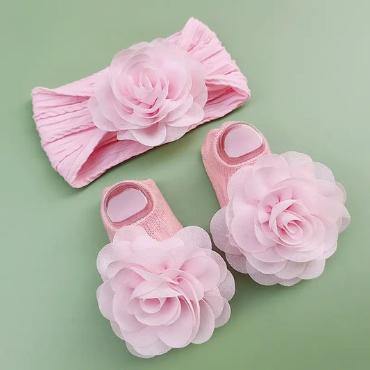 Flower Shoes & Headwear Set Pink