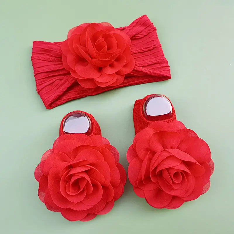 Flower Shoes & Headwear Set Red