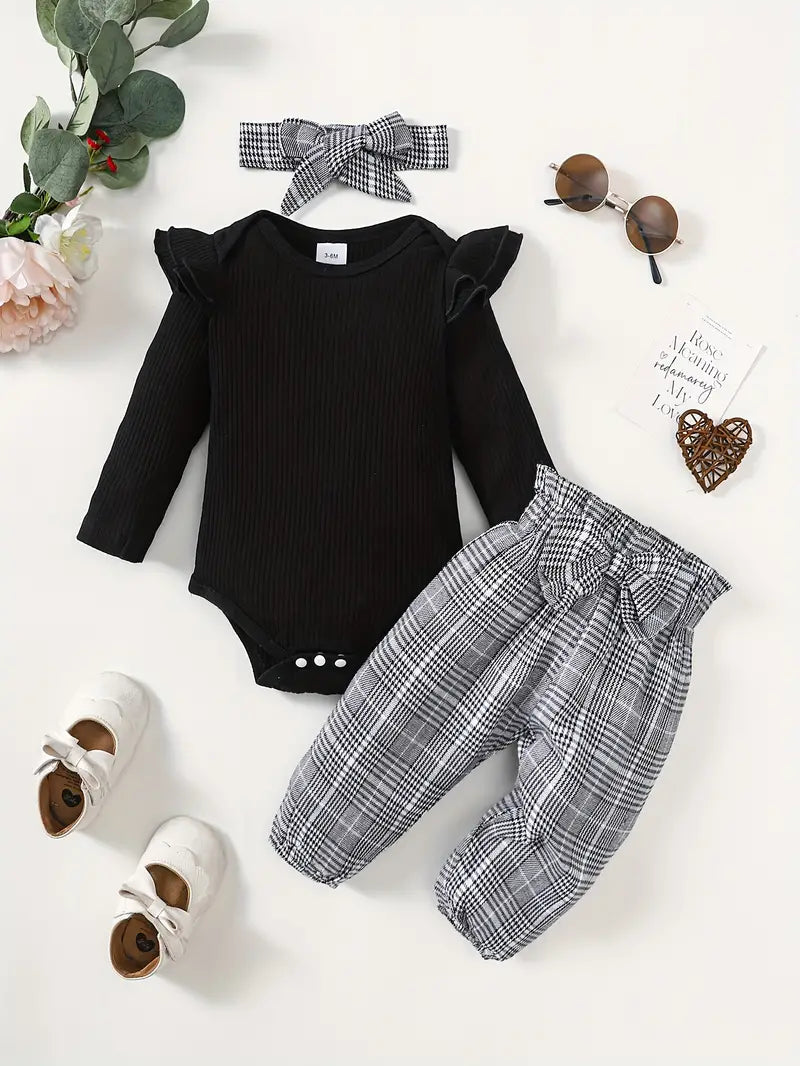 Long Sleeve Romper Plaid Set Black