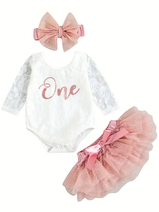 1st Birthday Lace Outfit Set White/Blush