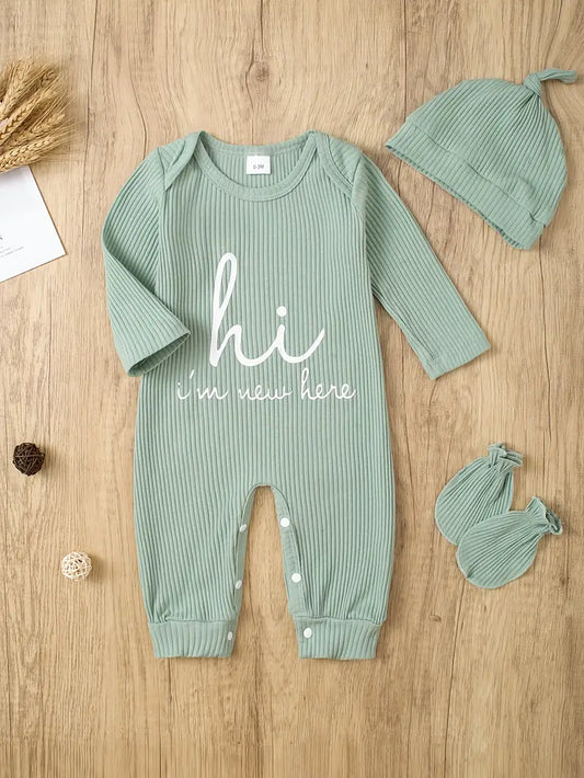 Unisex Long Sleeve Romper Set  “Hi I'm New Here” Light Green