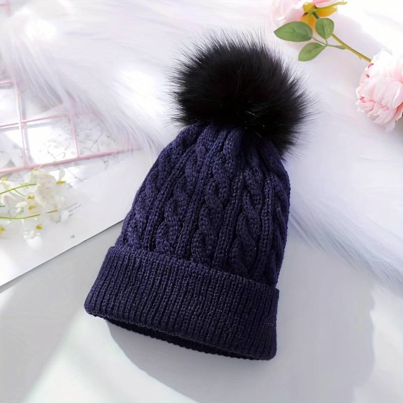 Ball Knitted Hat Navy Blue