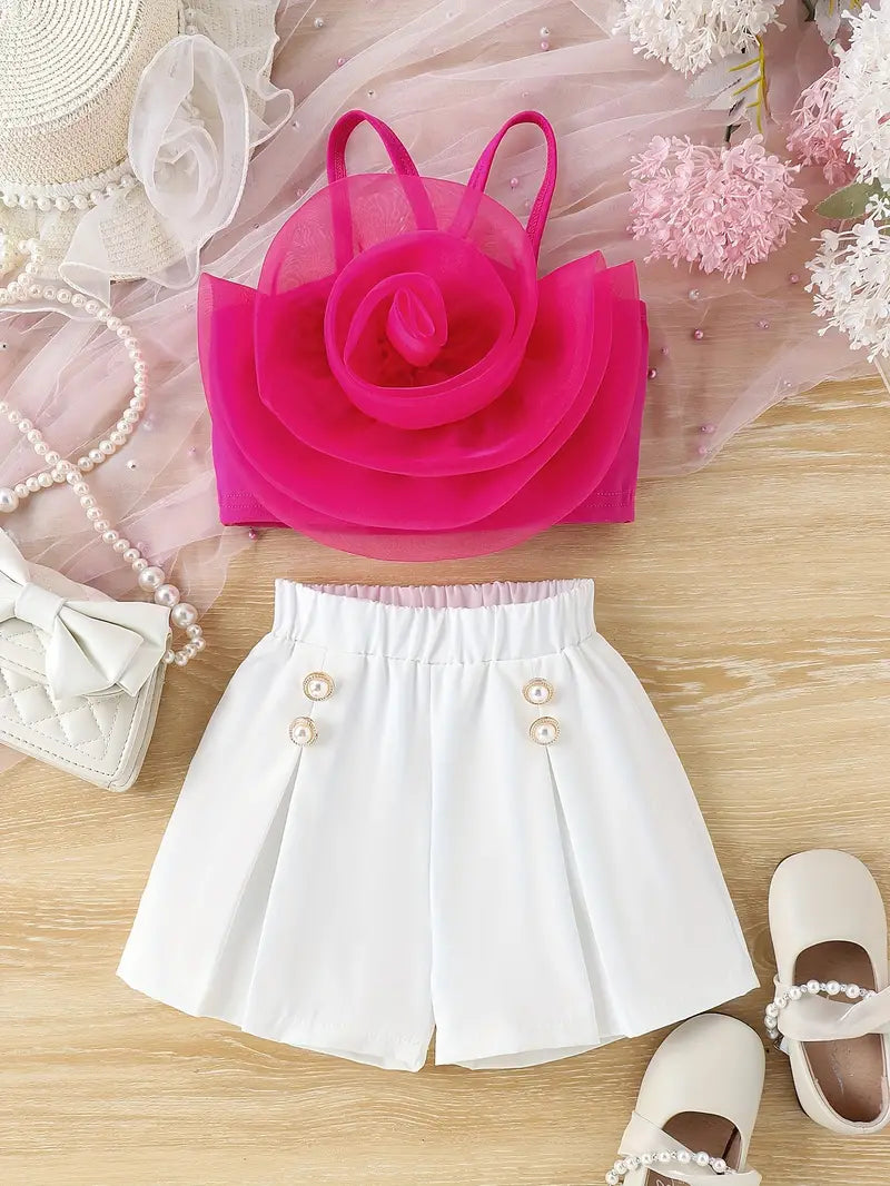 3D Rose Floral Camisole & Shorts Pink/White