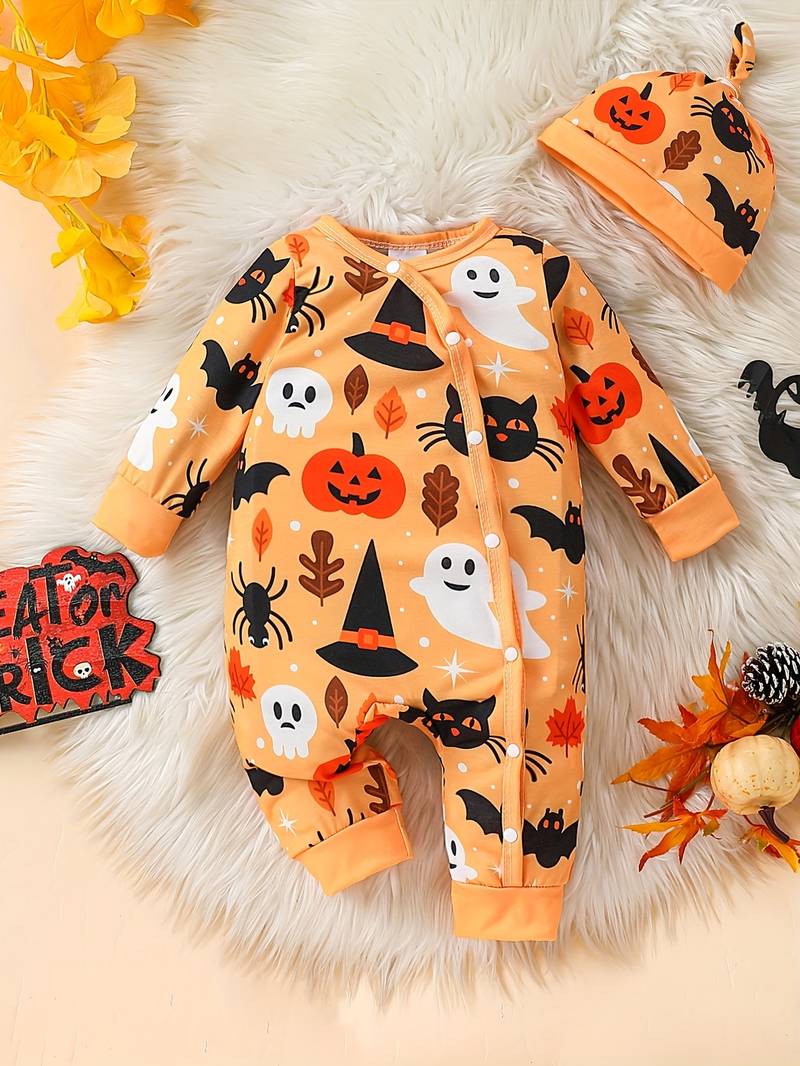 Unisex Halloween Pattern Romper Orange